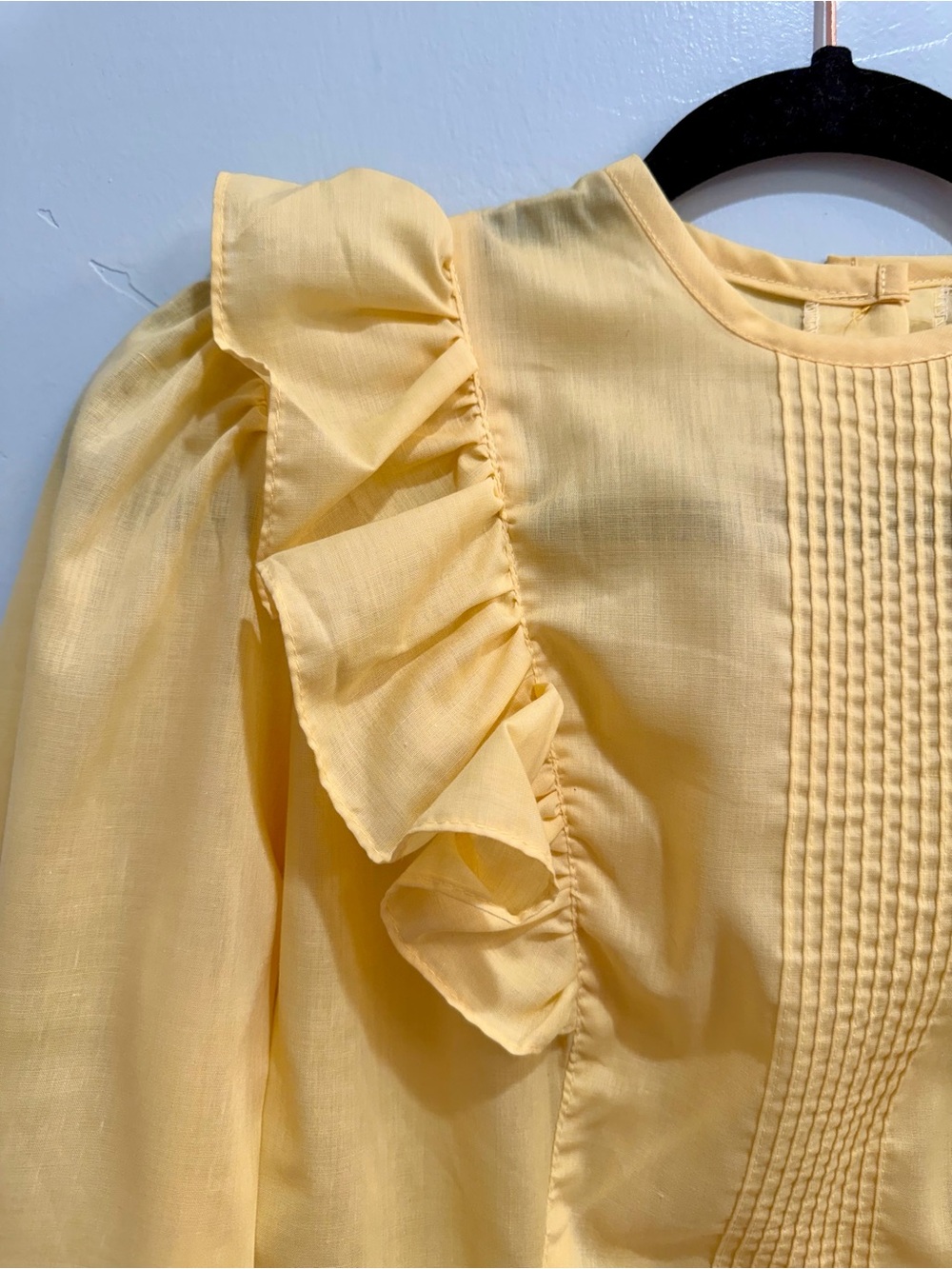 Vintage 70s You Babes Pastel Yellow Ruffle Tuxedo Pleat Blouse Back Button Sz S - Picture 6 of 16